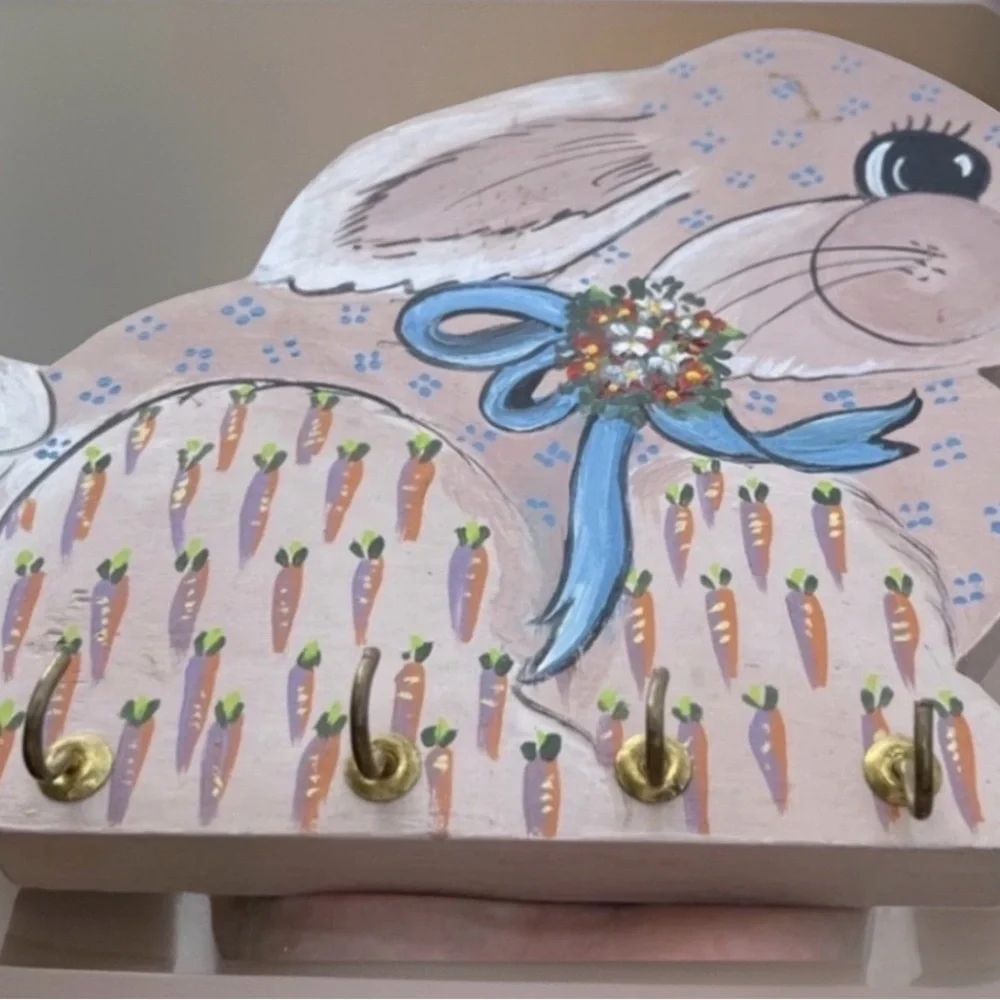 Adorable Wooden Bunny Wall Hook Rack – 4 Hooks, Hand-Painted, 9” Rustic Decor